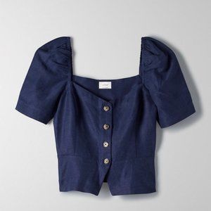 Wilfred Aritzia Janine Button Front Linen Blend Blouse Top In Navy XXS​​​